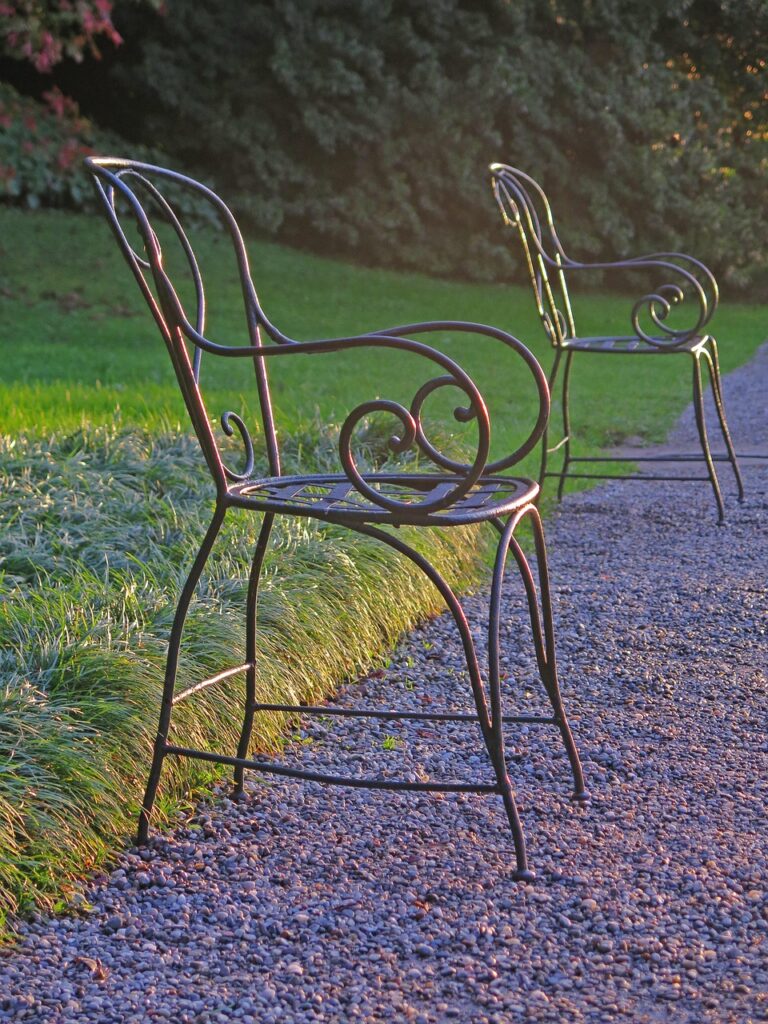 chair, nature, evening atmosphere, sunset, metal, backlighting, vintage, retro, garden chair